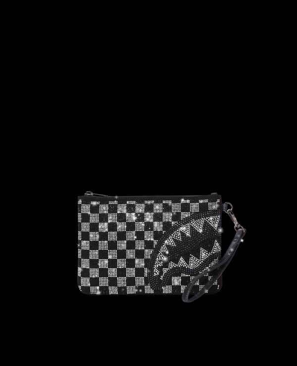Faux leather crossover clutch with crystal details on front view