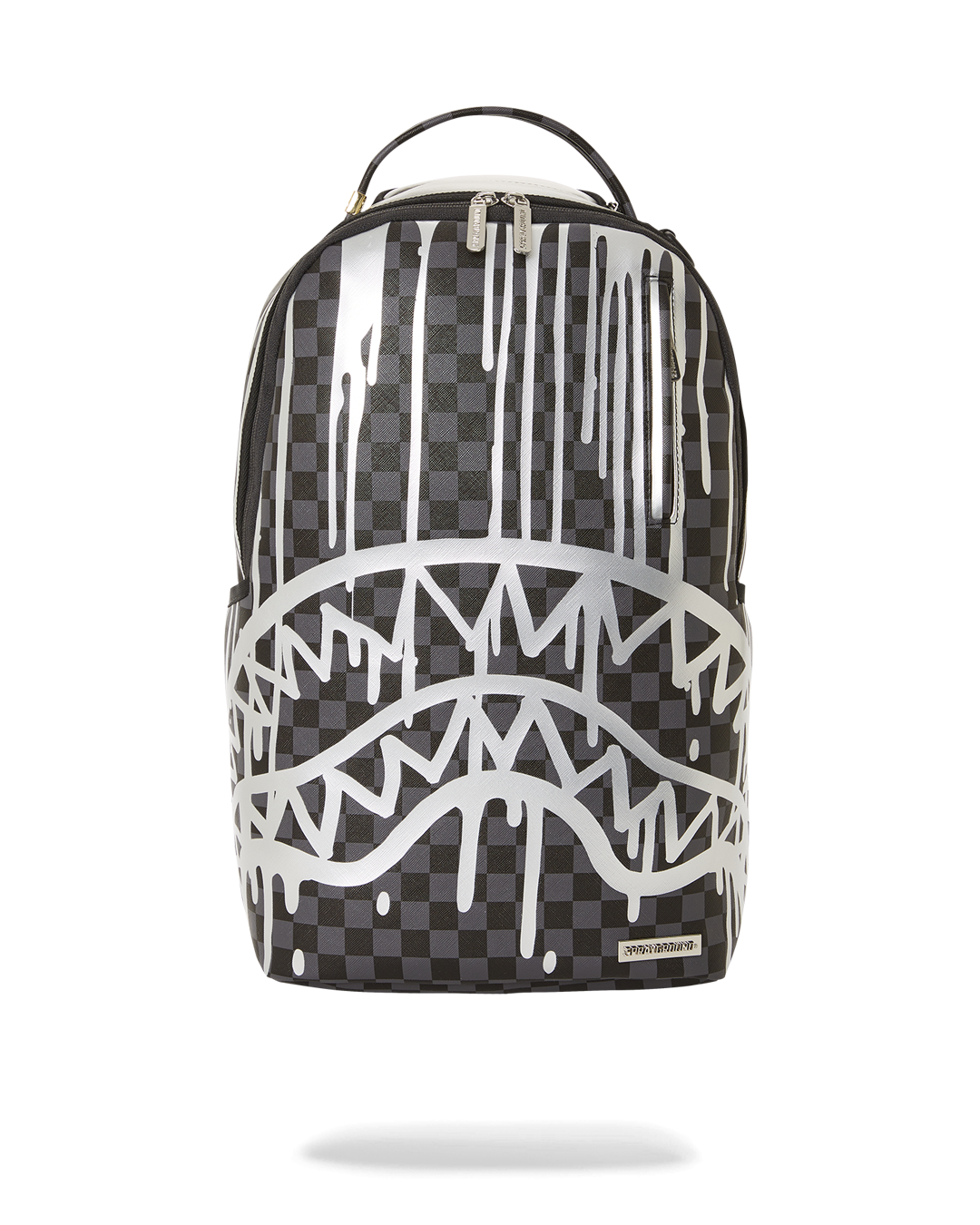 Front view of faux leather backpack with gold zippers and external pockets