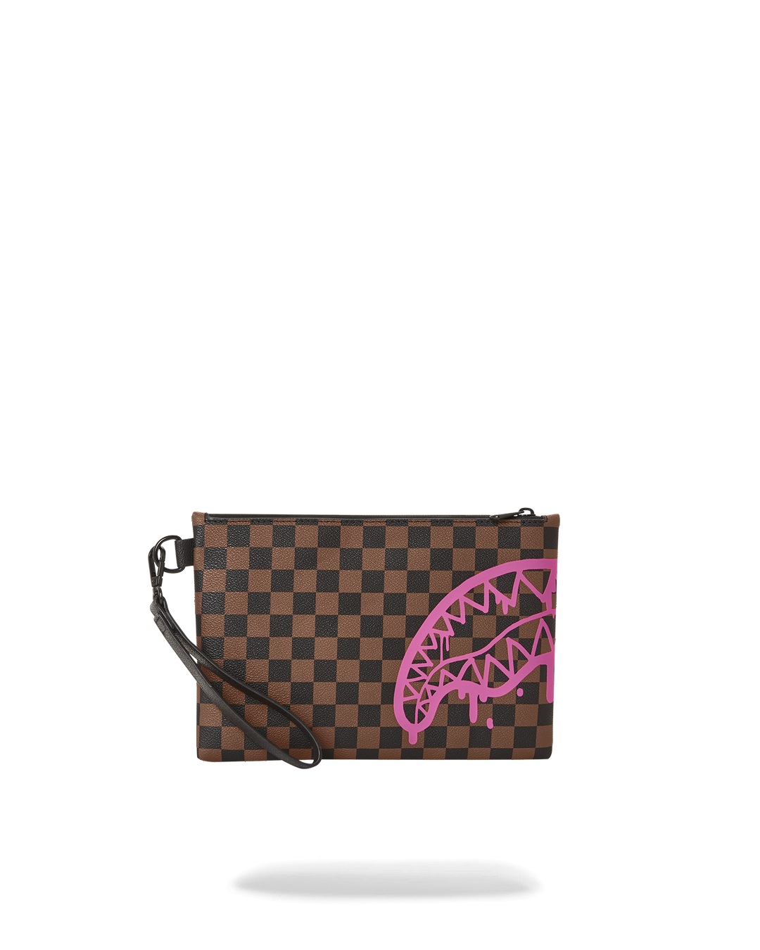 Faux leather clutch purse with wristlet strap and handle, styled for evening wear