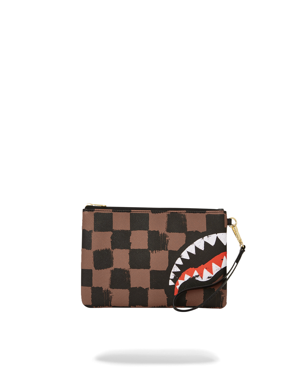 Front view of faux leather clutch bag with wristlet strap for daily wear.