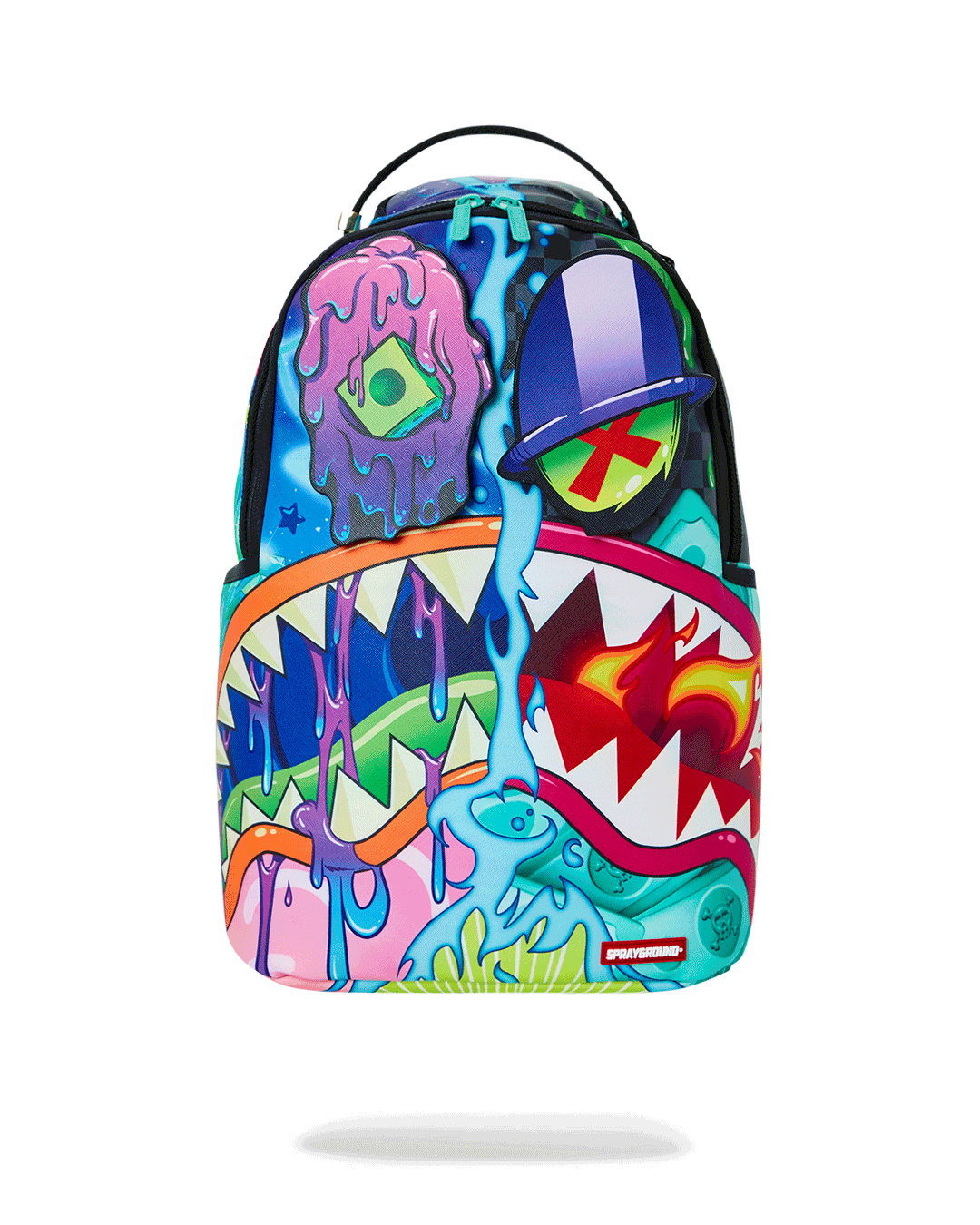 Sprayground backpack pink faux leather limited edition, front view with removable eyes