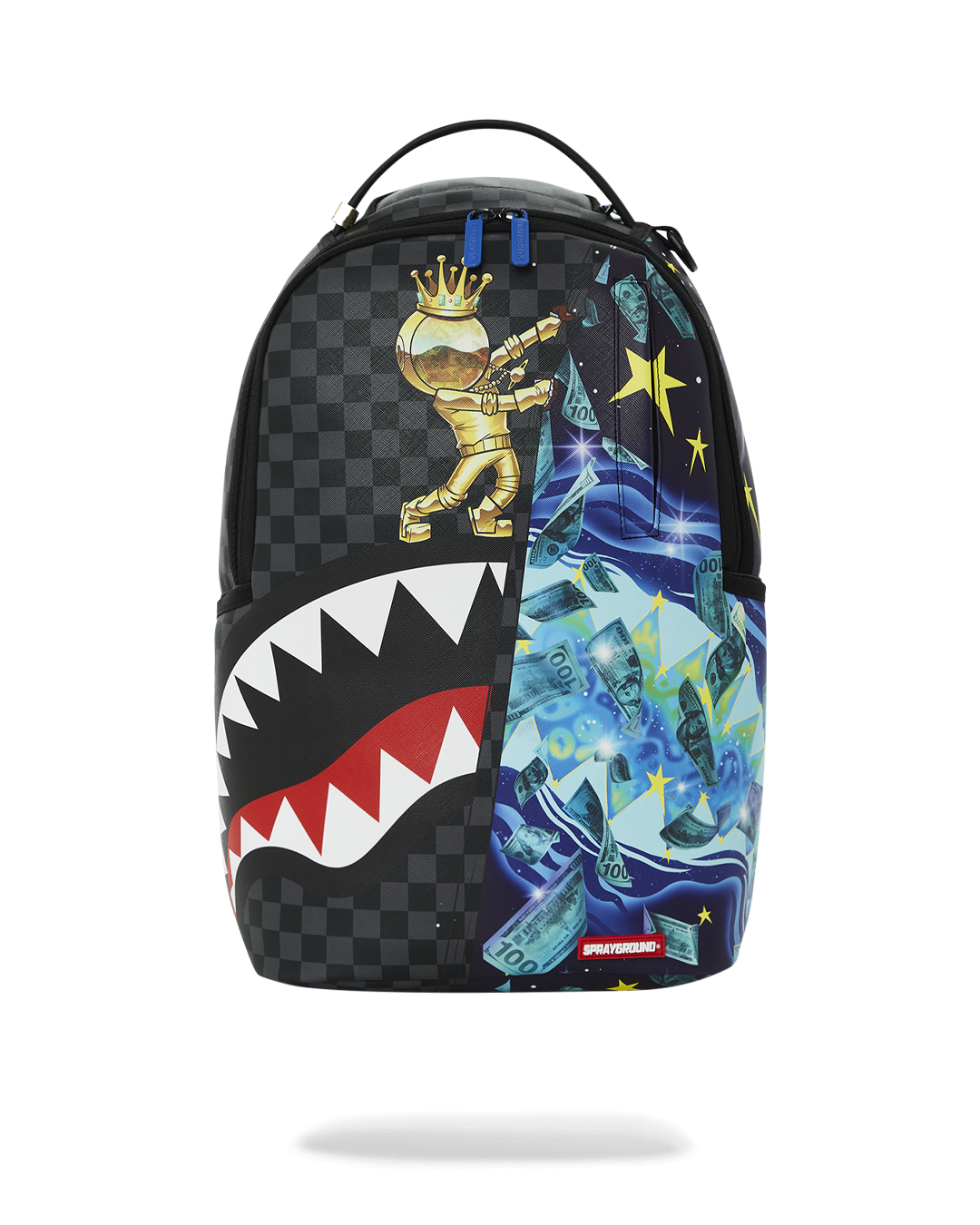 Astromane DLXV backpack front view with gold zippers and faux leather texture