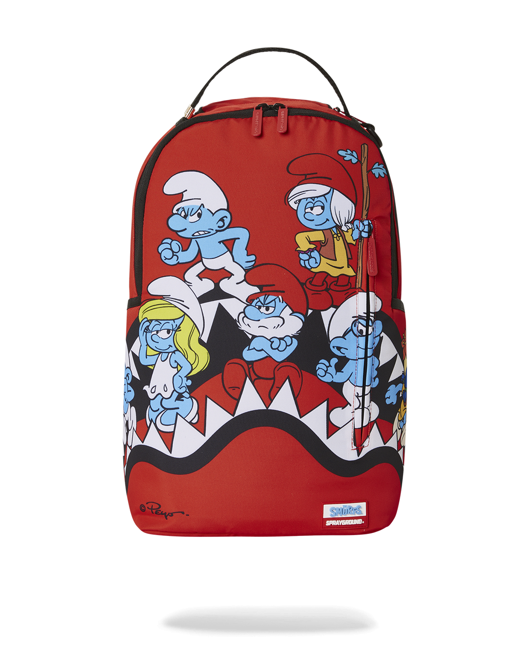 Front view of sprayground shark backpack with shark mouth design and gold zippers