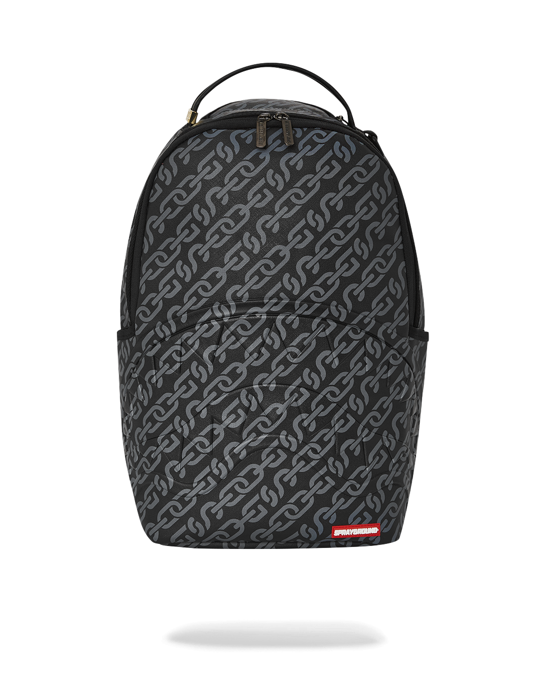 Black faux leather backpack displayed on a wooden bench, showcasing its slim profile and gold zippers