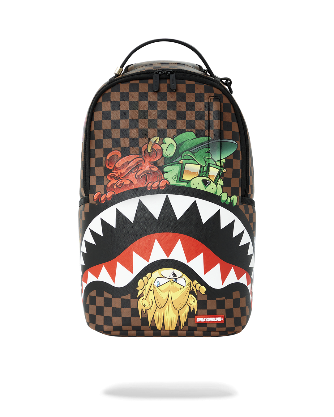 Sprayground Backpack Pink with shark design and faux leather material