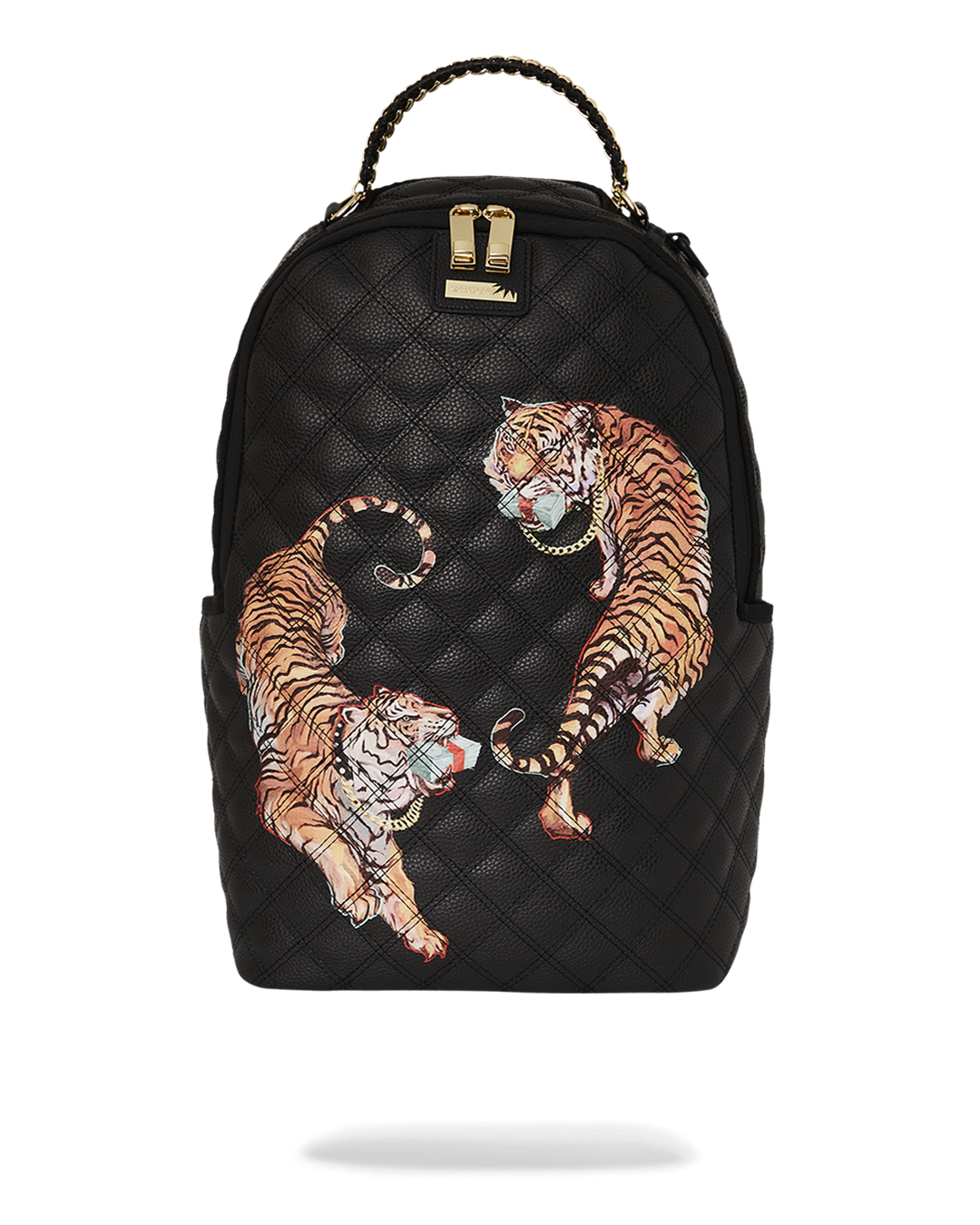 Sprayground backpack worn crossbody against a graffiti wall, showcasing side pockets and tiger print