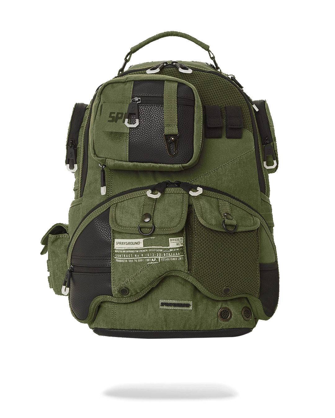 Shark Tactical Backpack showcasing shark-shaped cargo pockets and gold zippers.