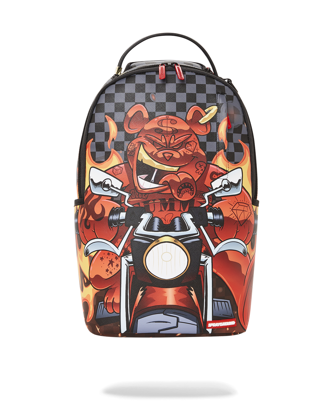 Front view of faux leather backpack with shark design and metal zipper