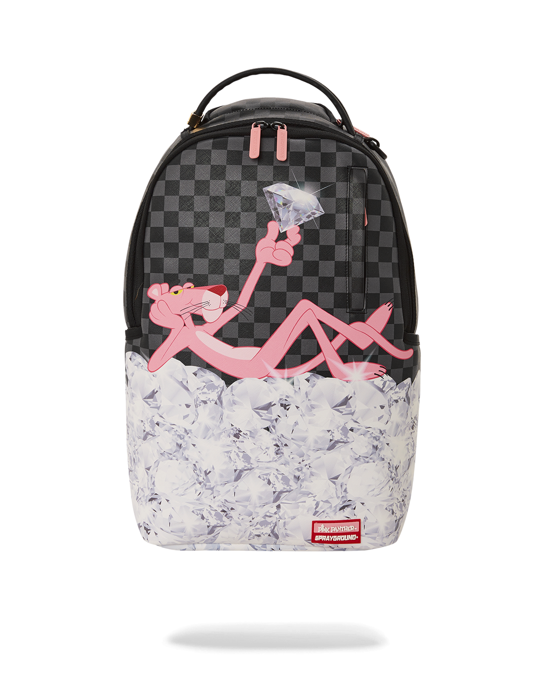 Front view of the Pink Panther Faux Leather Backpack showcasing its stylish design.