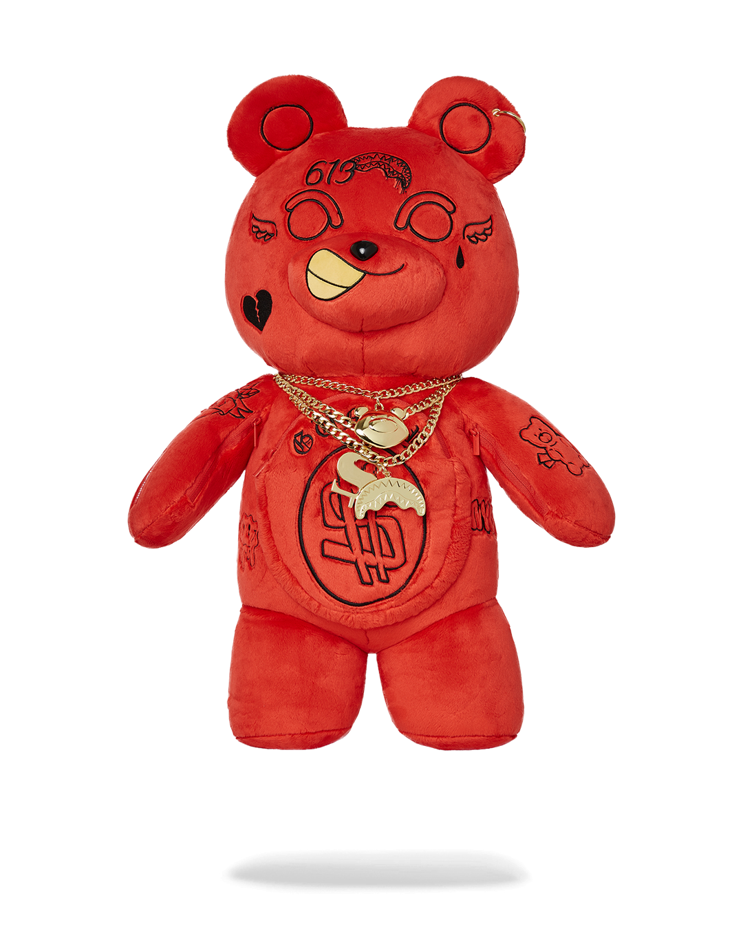 Front view of the faux leather backpack purse with plush bear design and gold hardware.