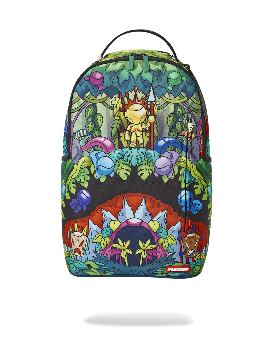 Front view of the DLXV backpack showing gold hardware and sleek faux leather finish
