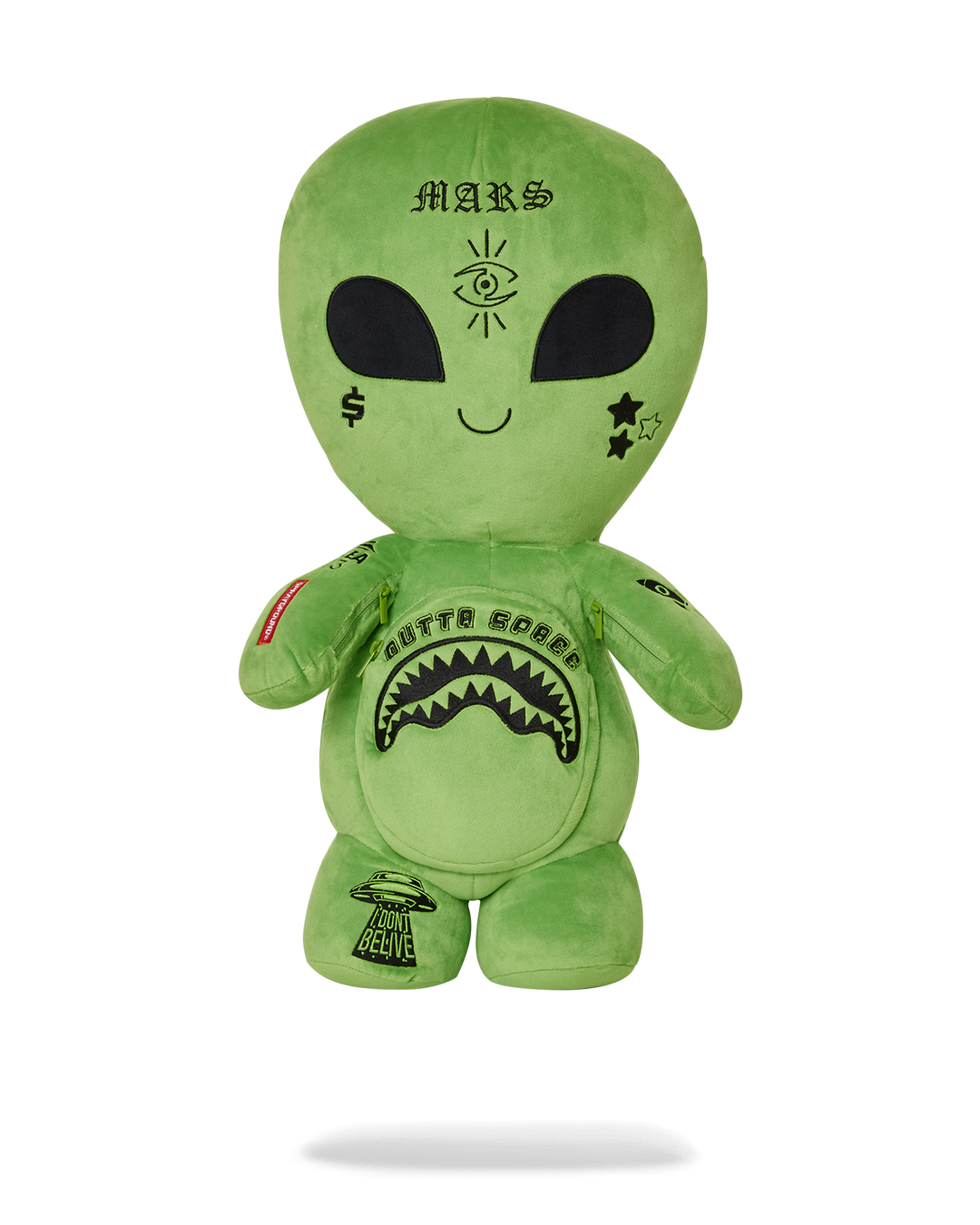 Front view of the Hello Kitty Alien Plush Backpack showing its vibrant design and zippered belly pocket.