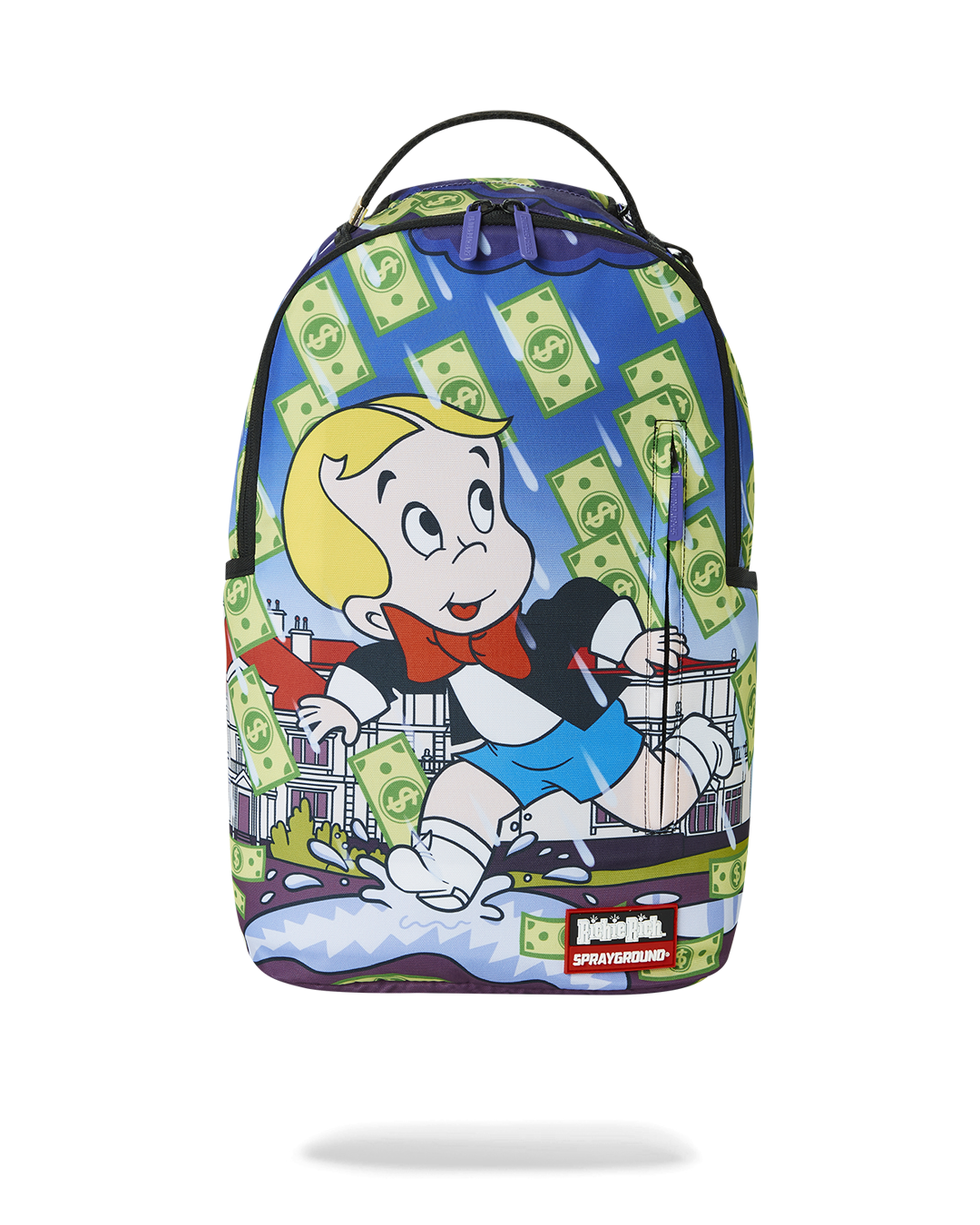 Front view of pink Sprayground backpack with RICHIE RICH graphic