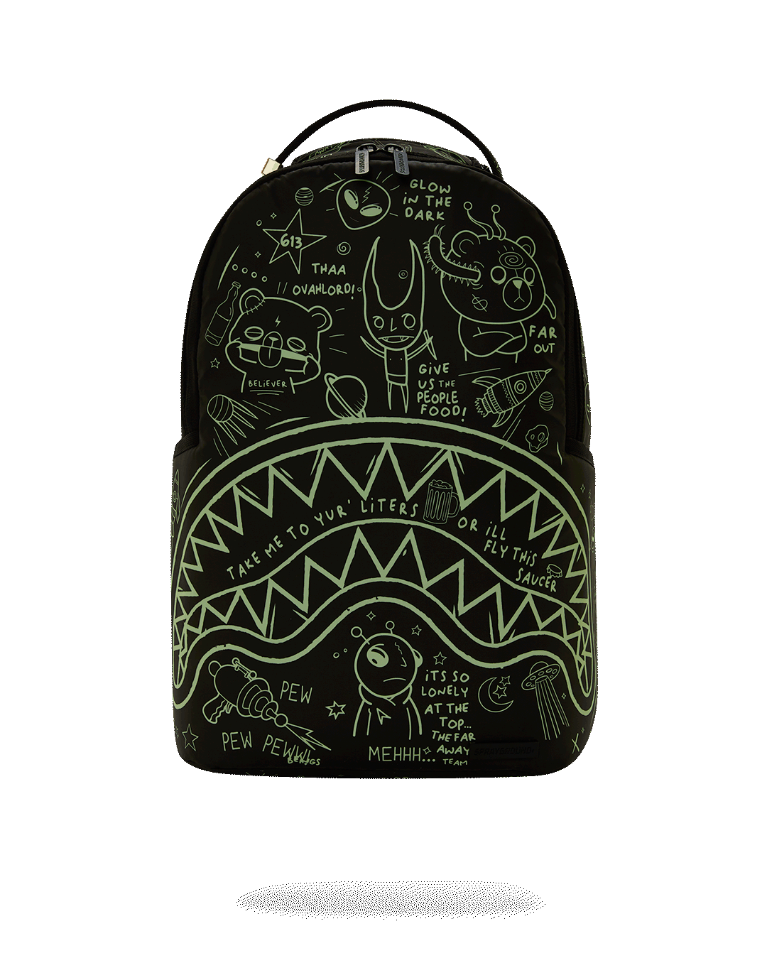 Pink Sprayground backpack glowing at night, worn by a traveler in a city