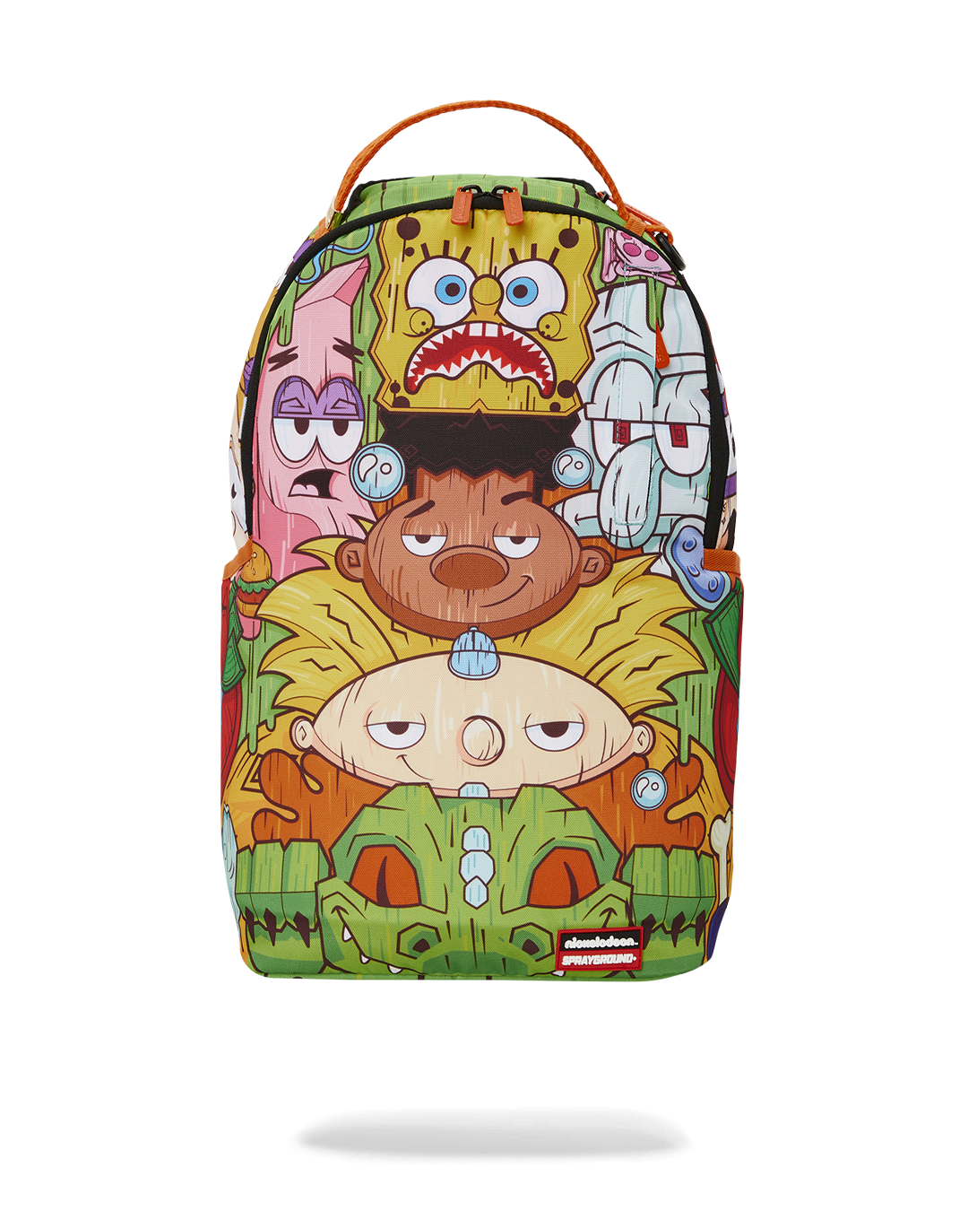Sprayground Nickelodeon backpack front view showing stacked design and zipper details