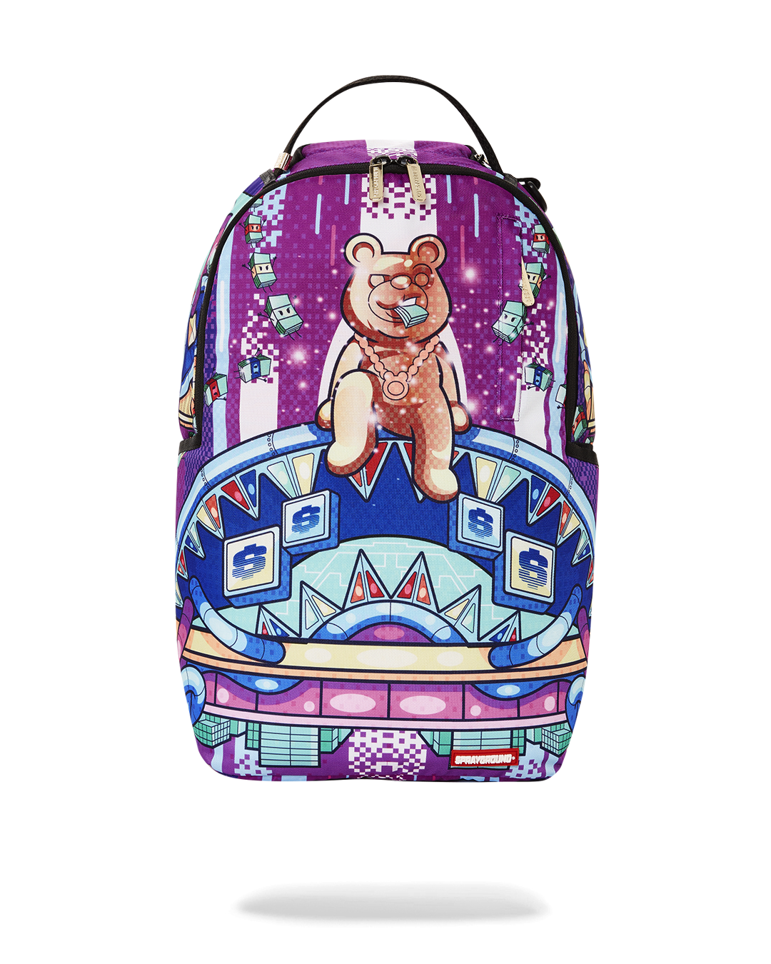 Sprayground DIABLO 24K gold backpack front view with zippered pockets