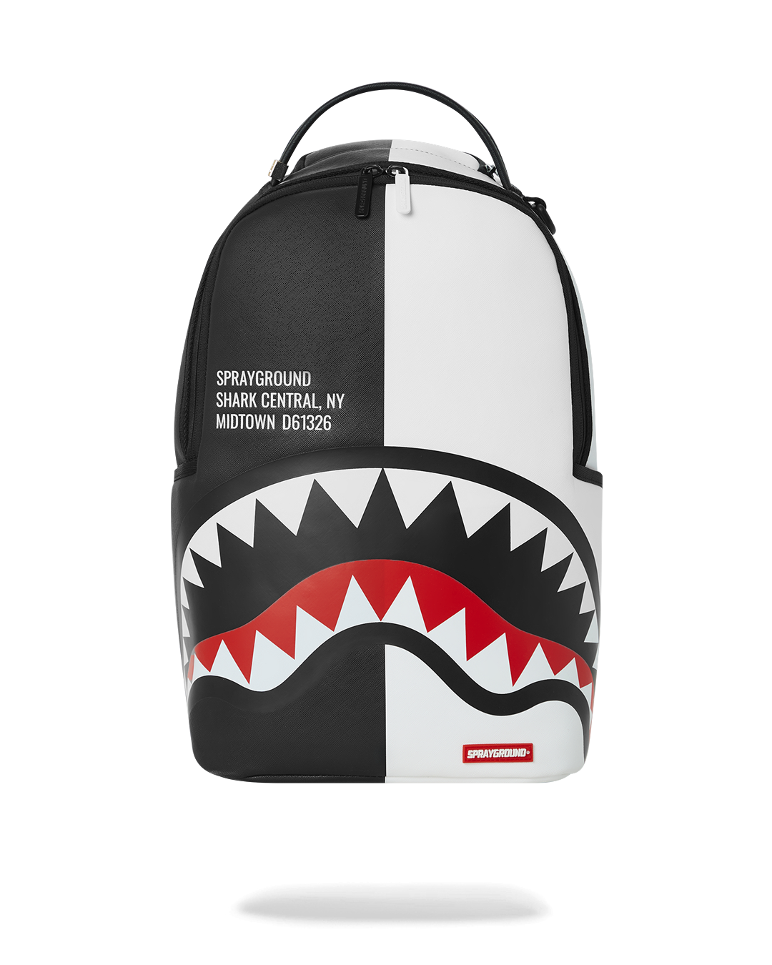 Sprayground Shark Central split backpack with faux leather exterior and multiple pockets