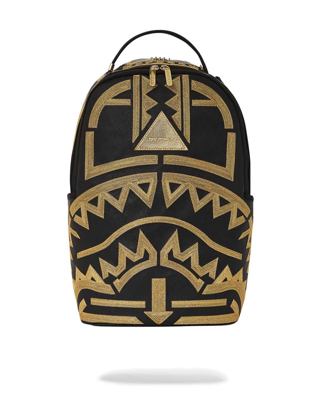 Faux leather backpack with gold hardware, front view, ideal for travel