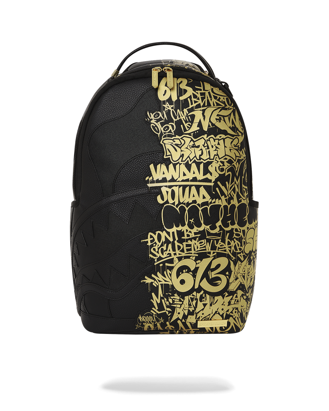 Faux leather backpack with metallic finish and gold zippers, ideal for city commuting