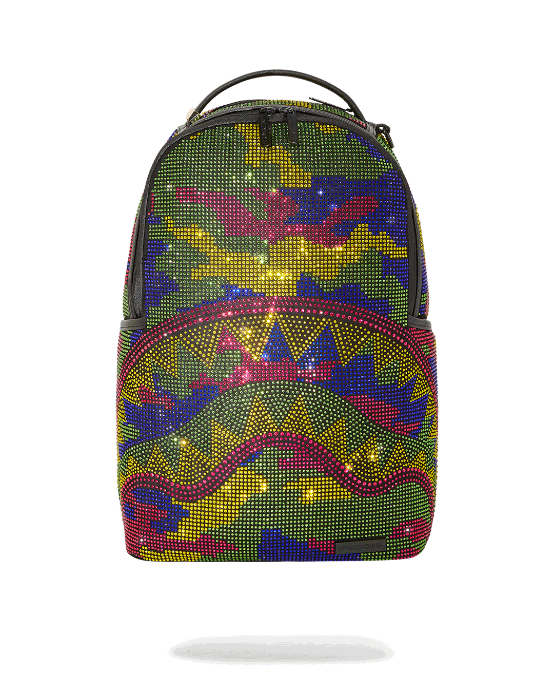 Sprayground backpack in camo print, showcasing crystal details and front pockets