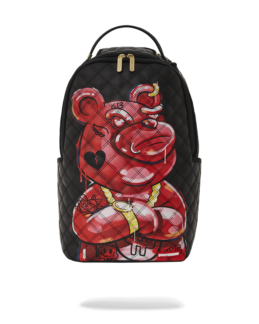 Front view of the hand painted diablo bear faux leather backpack showcasing its quilt design and front zipper pocket.