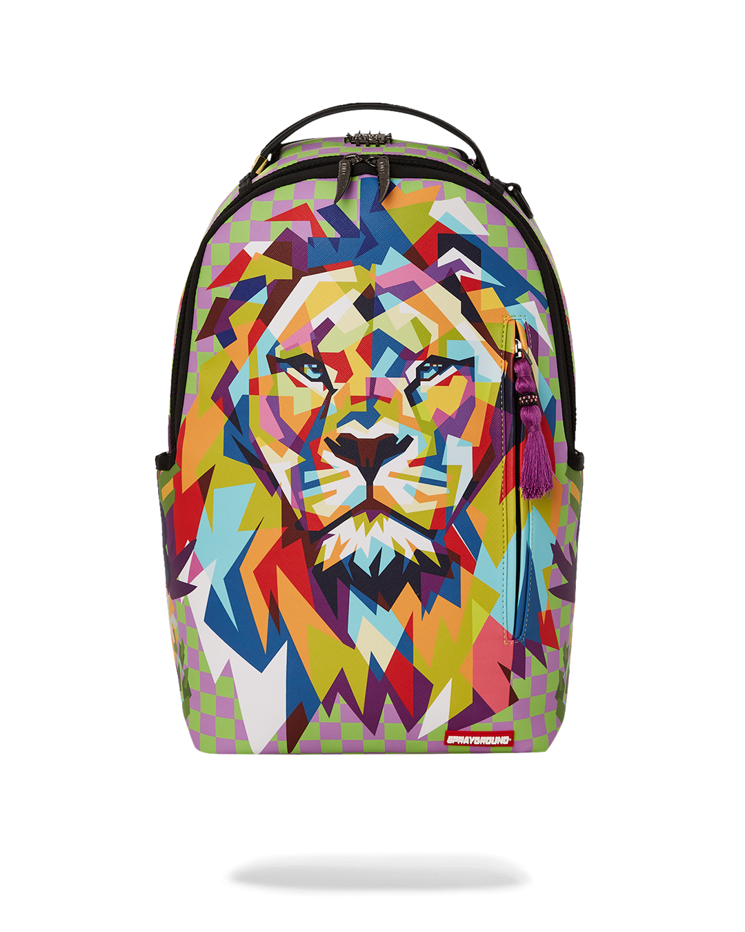 Front view of the African Intelligence faux leather backpack, highlighting the gold zippers and side pockets.