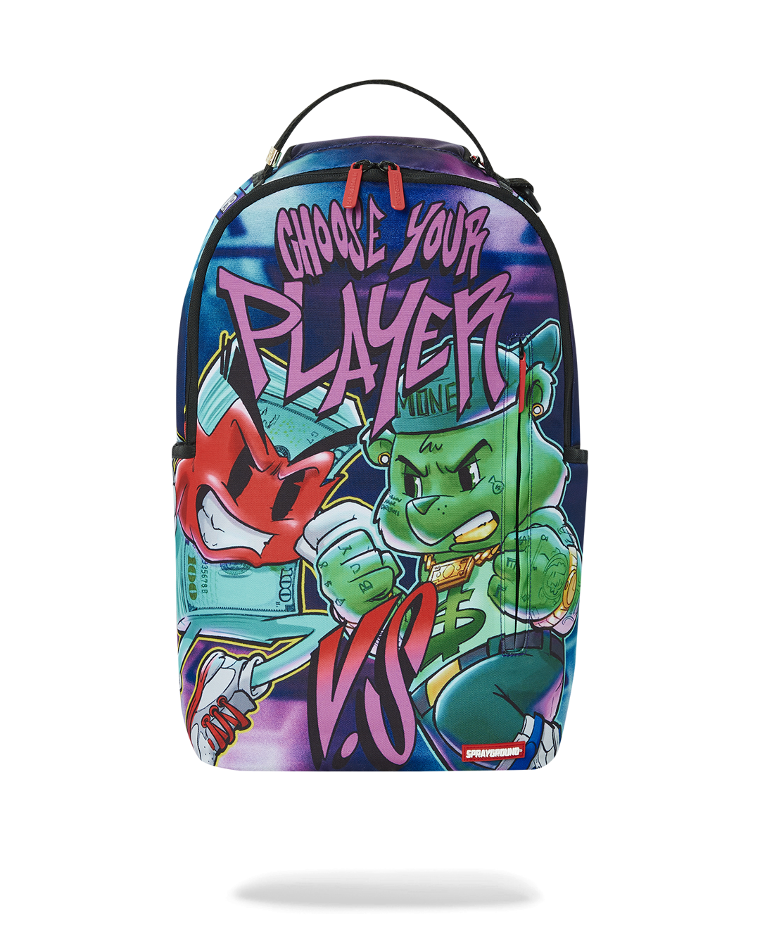 Sprayground backpack open, showcasing velour laptop compartment and organizer pockets