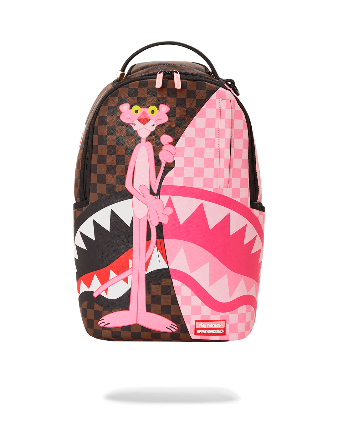 Pink Panther The Reveal backpack with front zipper pocket and gold hardware