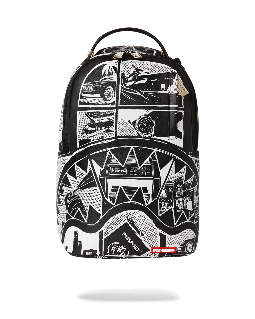 Front view of faux leather backpack with gold hardware and multiple pockets