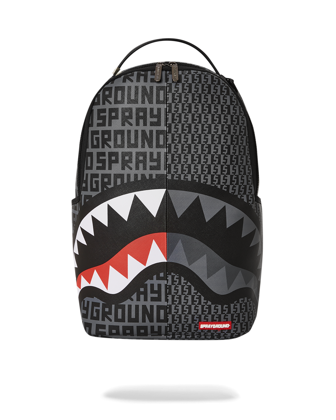 Sprayground faux leather backpack worn casually in urban setting