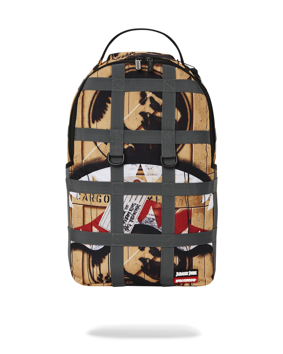 Close-up of Jurassic backpack's gold zippers and faux leather texture
