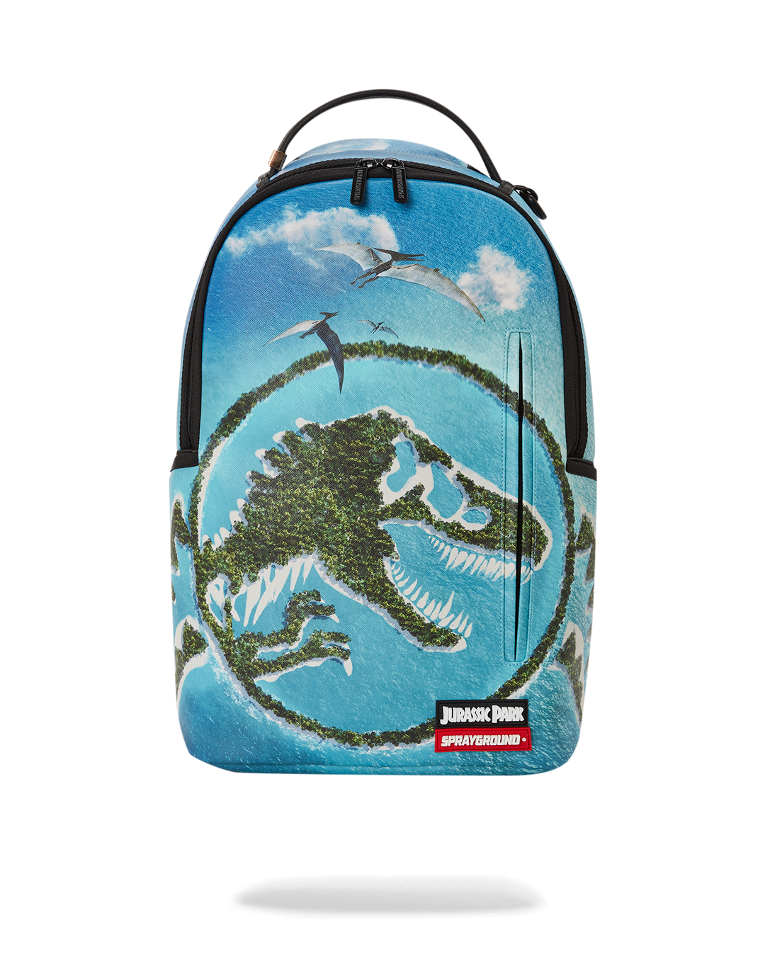 Front view of the Jurassic Island faux leather backpack showcasing its sleek design.
