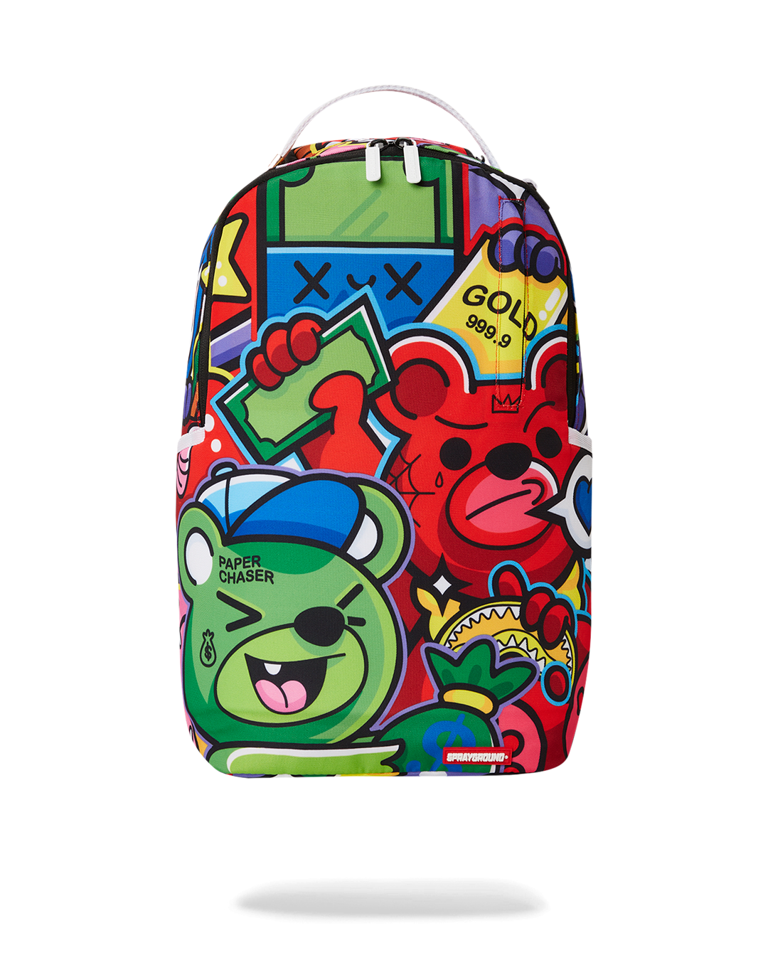 Front view of kawaii backpack with gold zippers and multiple pockets