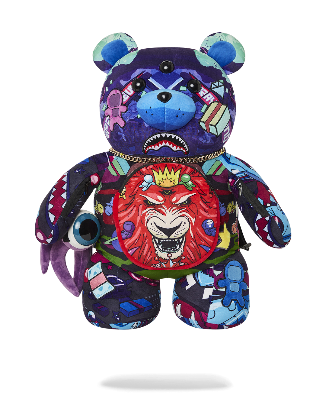 Close-up of the teddy bear backpack with gold chain applique and hardware