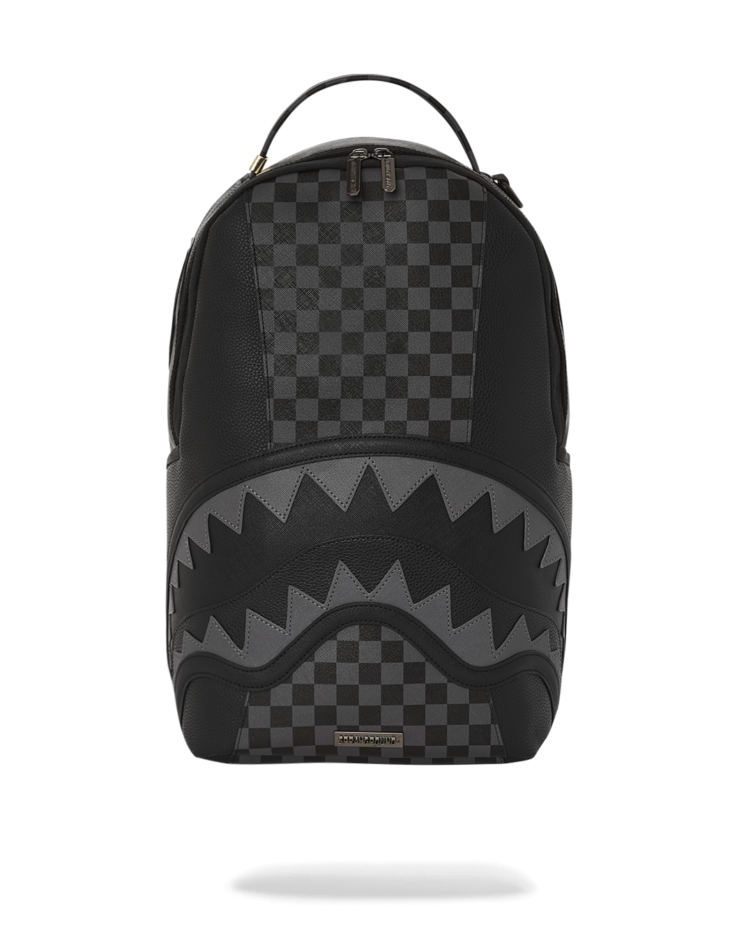 Shadow Phantom faux leather backpack in black with gold zippers, perfect for travel.