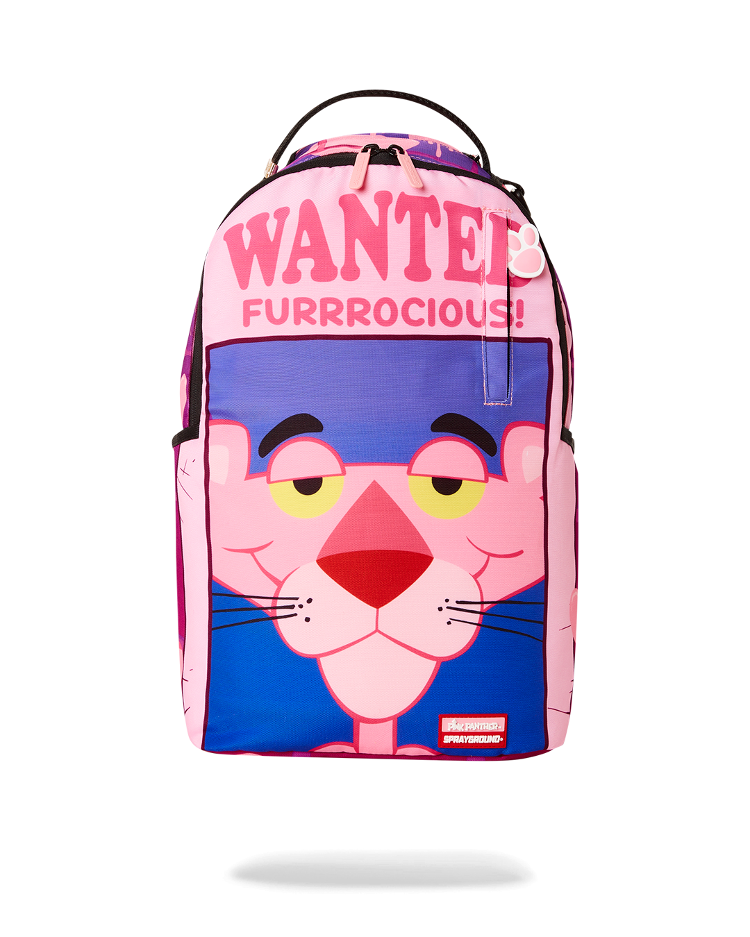 Front view of Sprayground limited edition pink panther backpack on city park bench