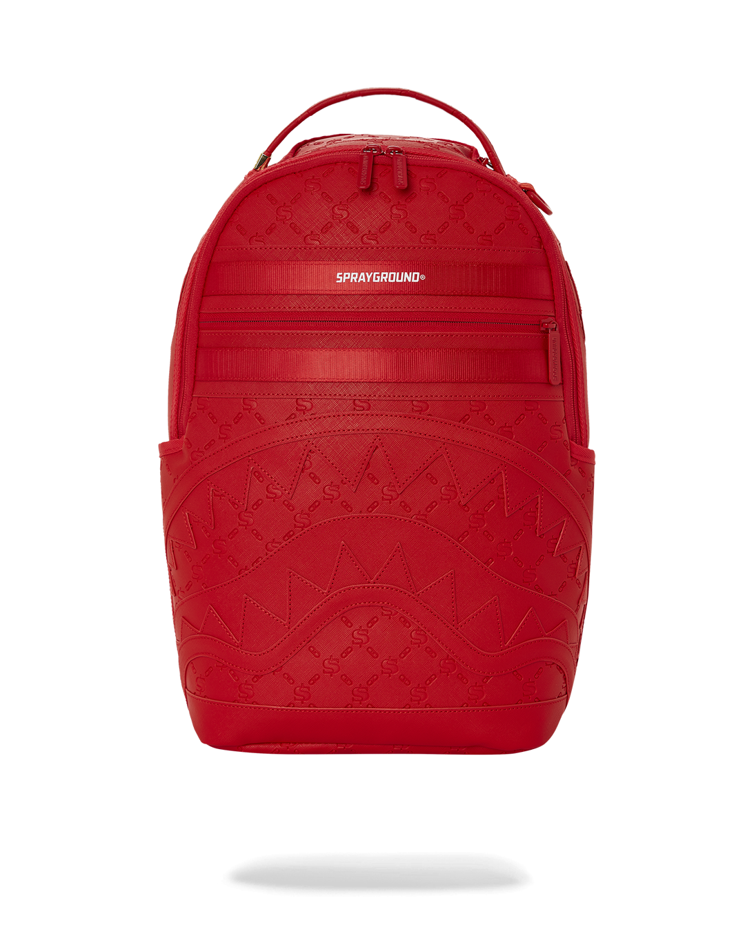 Front view of crimson faux leather backpack showing gold zippers and front pocket.