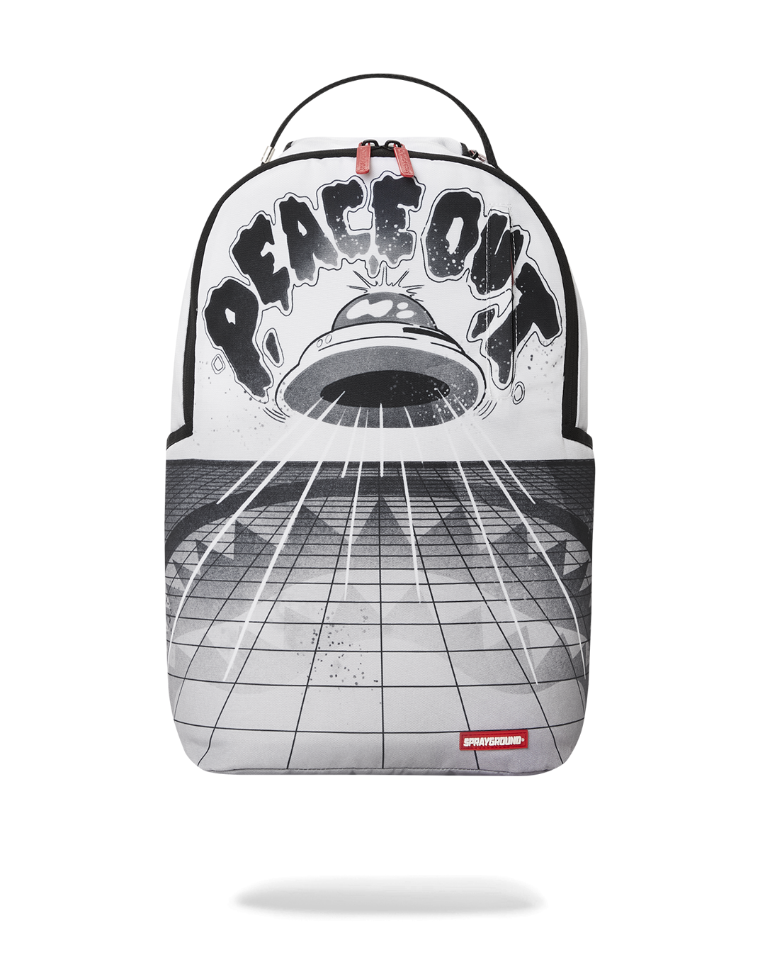 Peace Out backpack worn by a woman in a city, showcasing ergonomic straps and side pockets