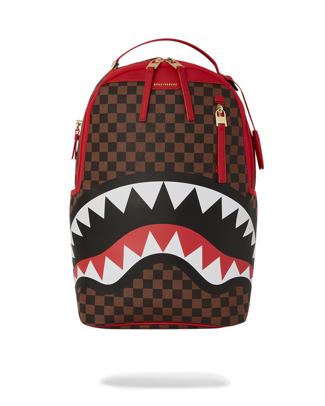 Sharks in Paris backpack side view showing gold hardware and side pockets