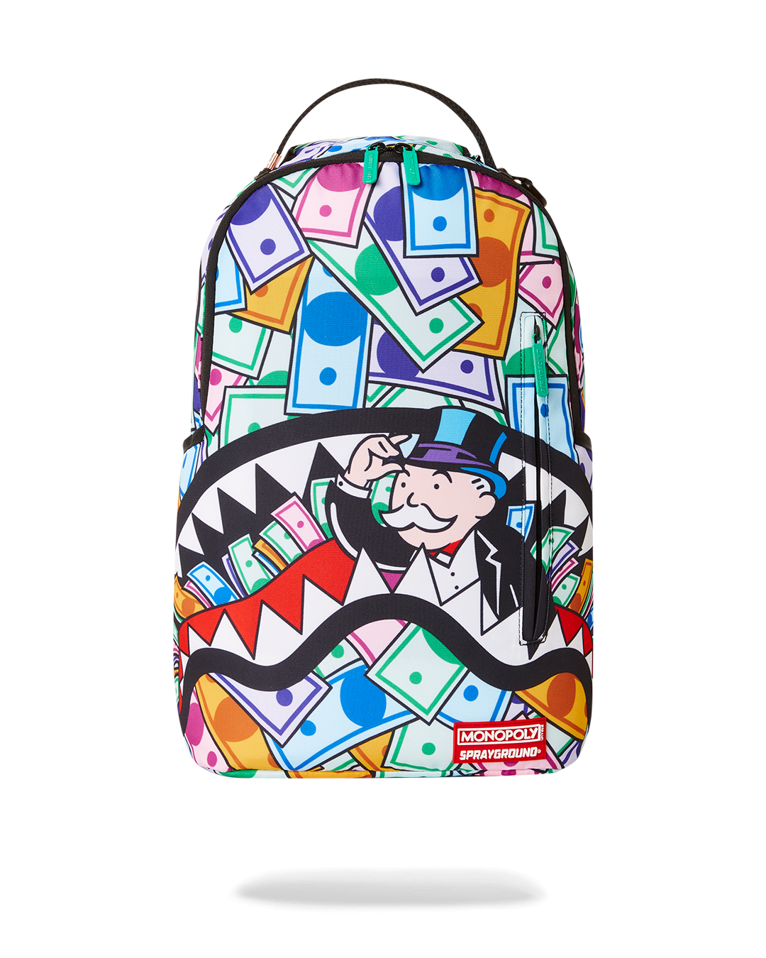 Front view of the Wall Street Backpack showing gold zippers and ergonomic back padding