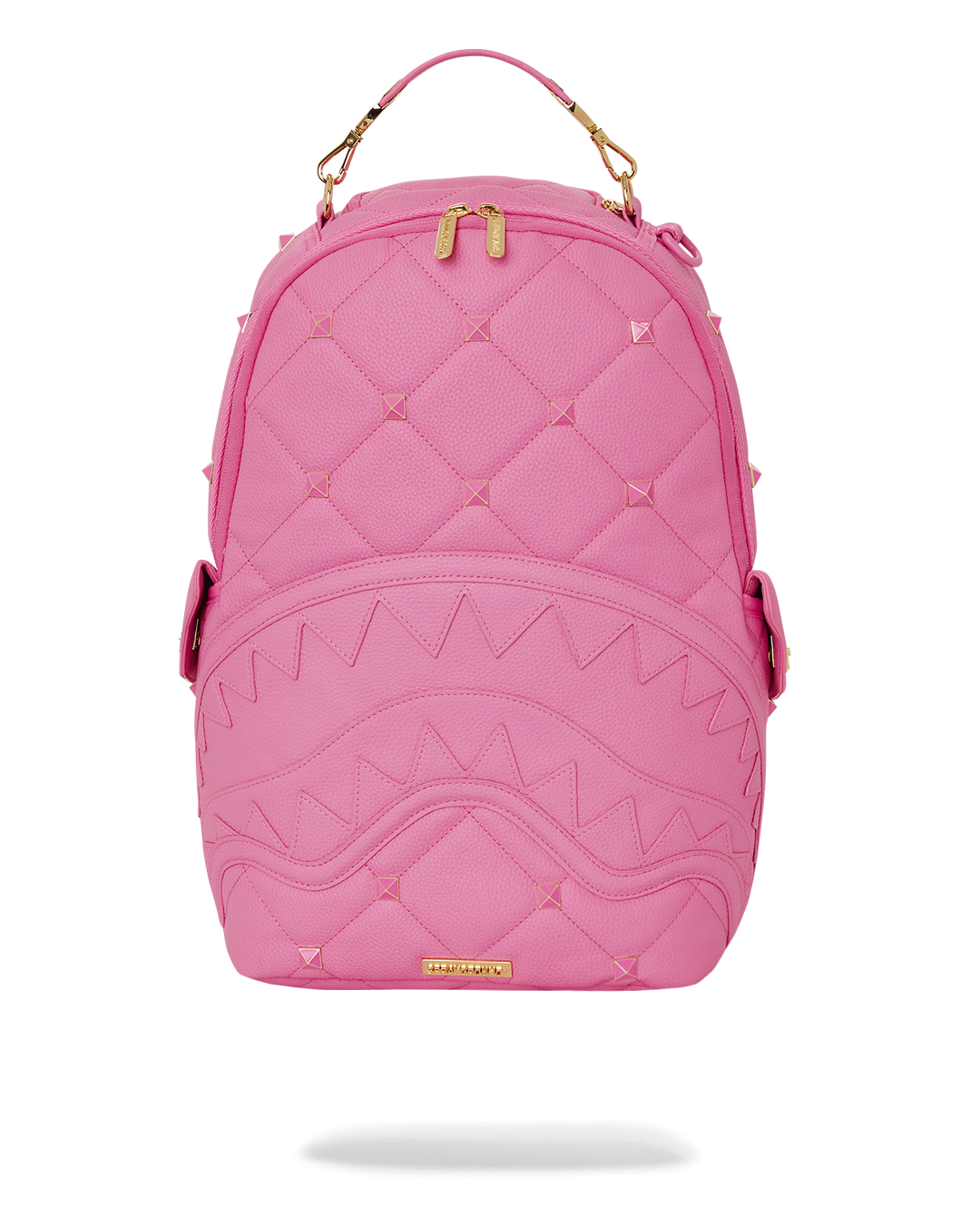 Luxury quilted faux leather backpack with custom Sprayground logo hardware and pink gold enamel studs, ideal for luxury backpacking.