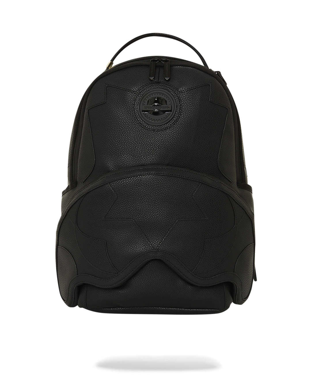 Faux leather backpack with shark logo hardware, front view, perfect for men’s work and travel needs