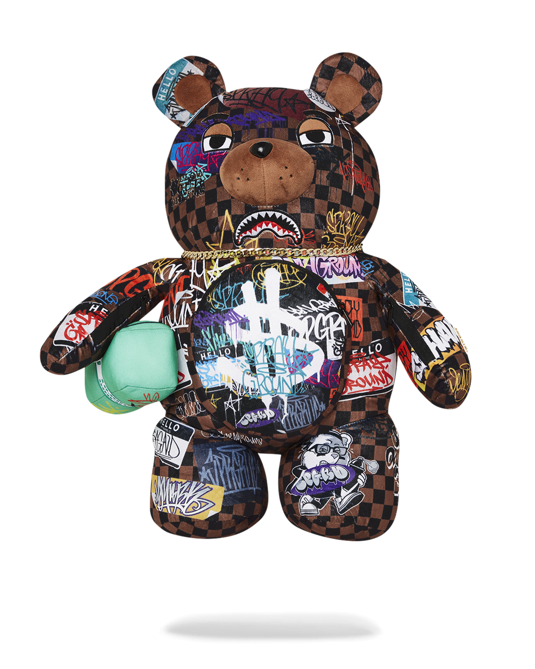 Front view of Money Bear backpack showing detailed embroidery