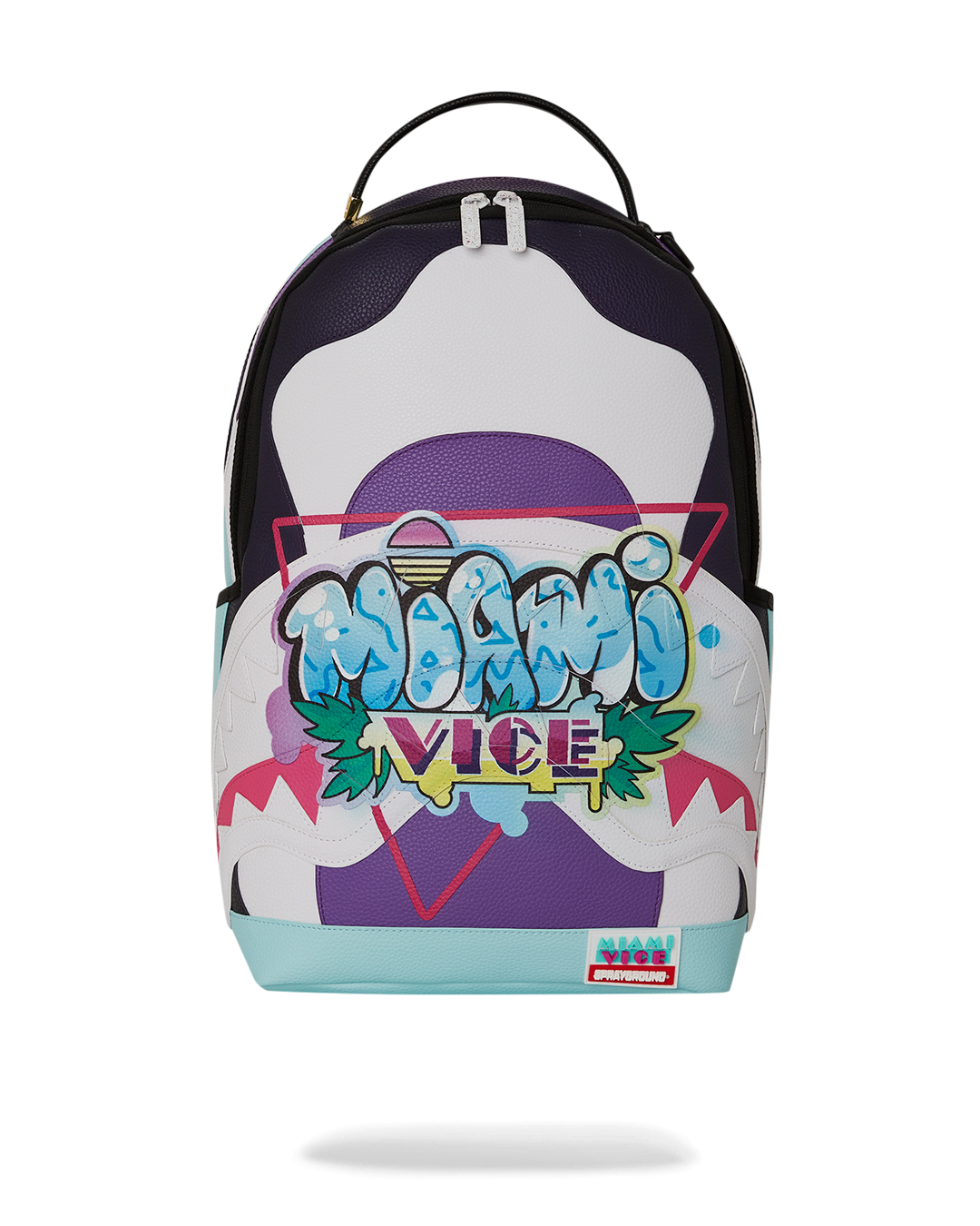 Miami Vice faux leather backpack open, showing interior pockets and laptop compartment