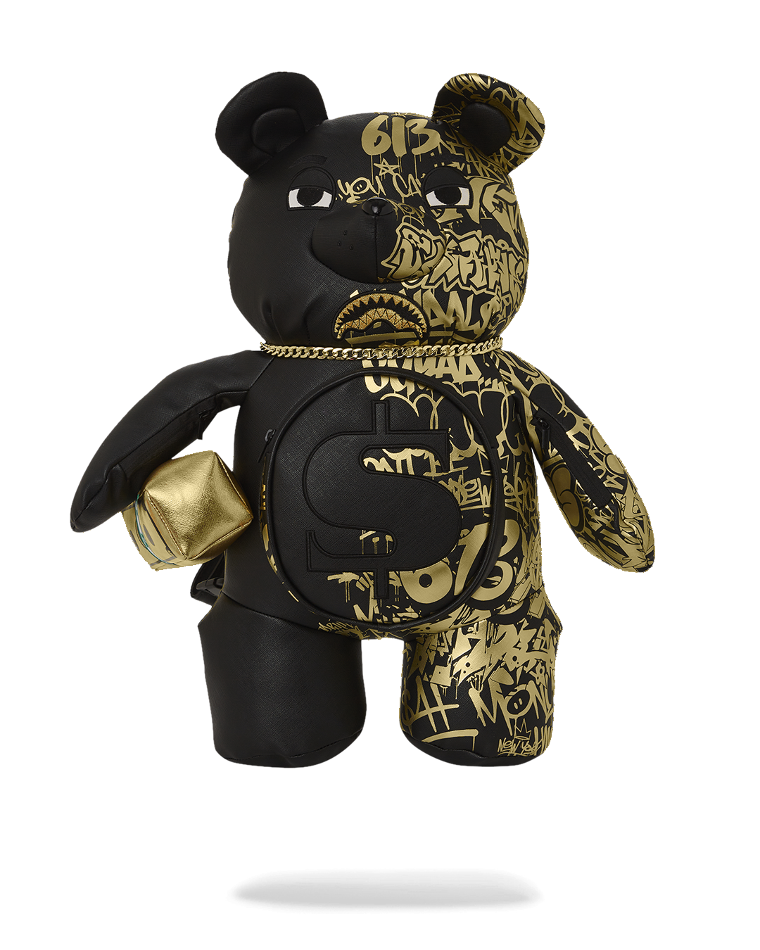 Front view of Sprayground limited edition backpack showcasing teddy bear design and gold chain details