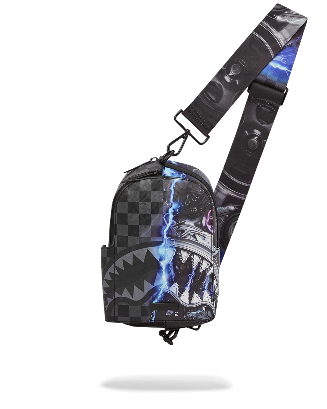 Front view of faux leather crossbody bag with zippered compartments