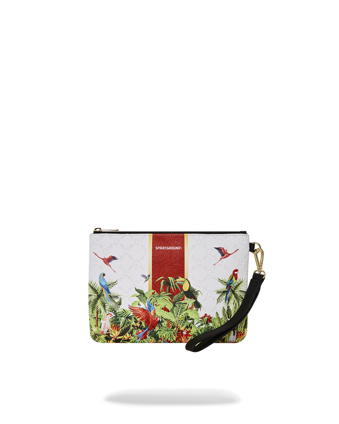Faux leather clutch bag styled as a handheld pouch on a cafe table