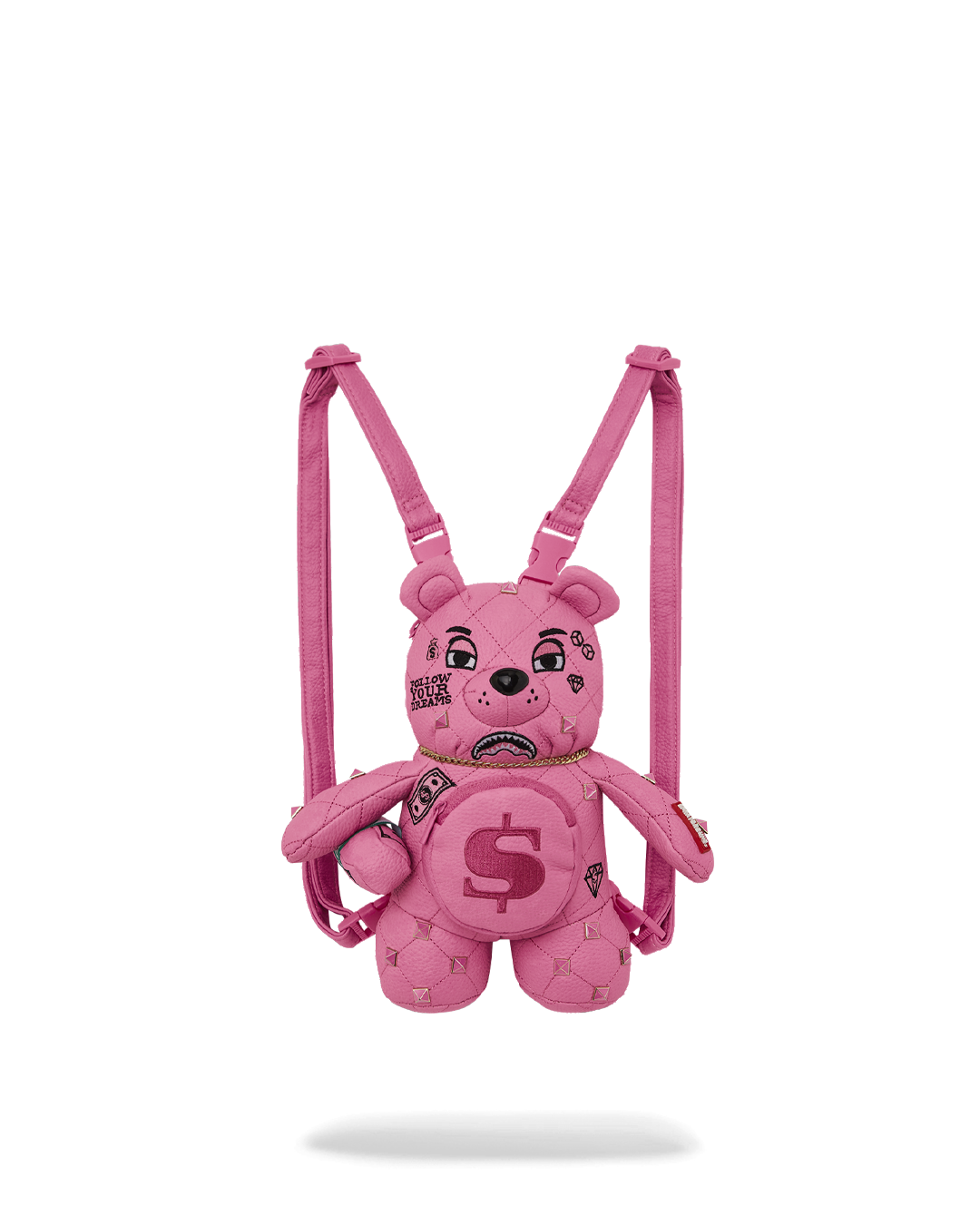 Front view of the cute teddy bear mini backpack featuring quilted fabric.