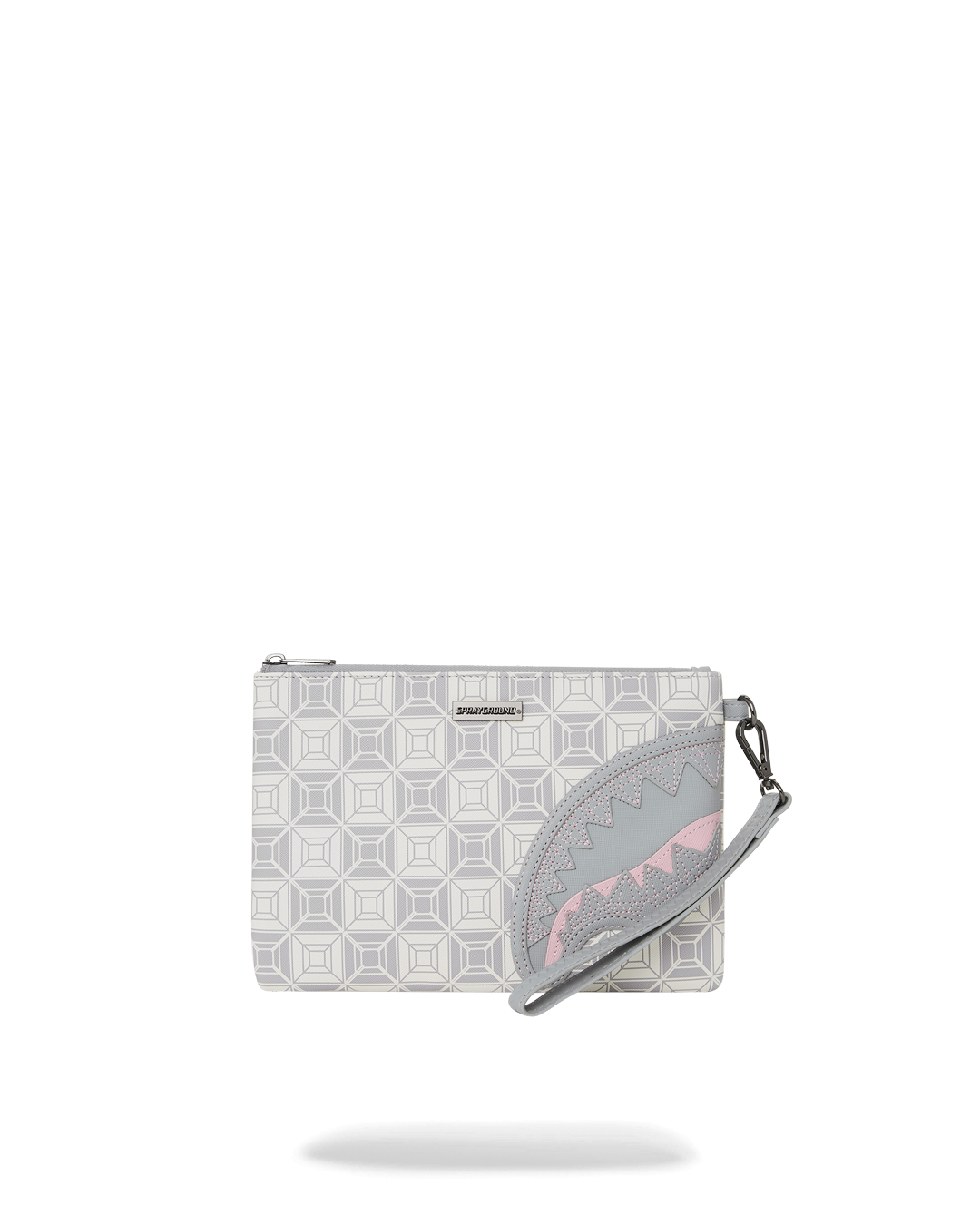Side view of the clutch showing handle, wristlet and faux leather texture