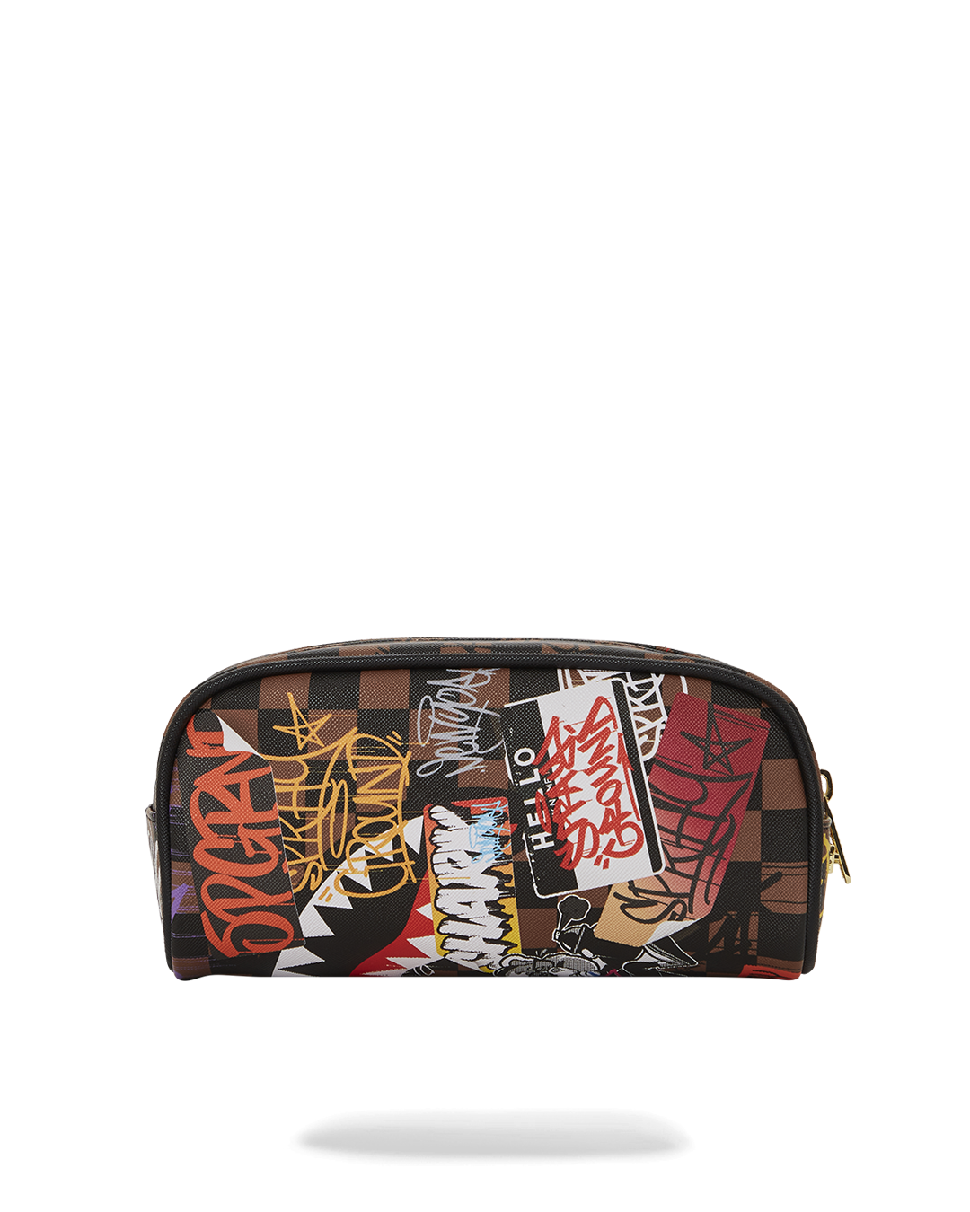 Beis small makeup pouch open on a marble surface with travel items inside
